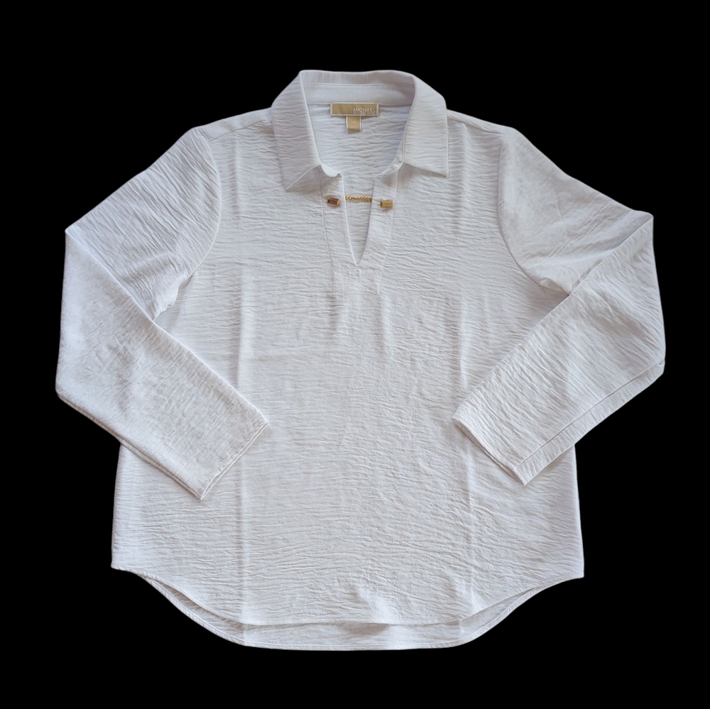 Michael Michael Kors Chain Accent Collared V-Neck Long Sleeve Blouse Large White